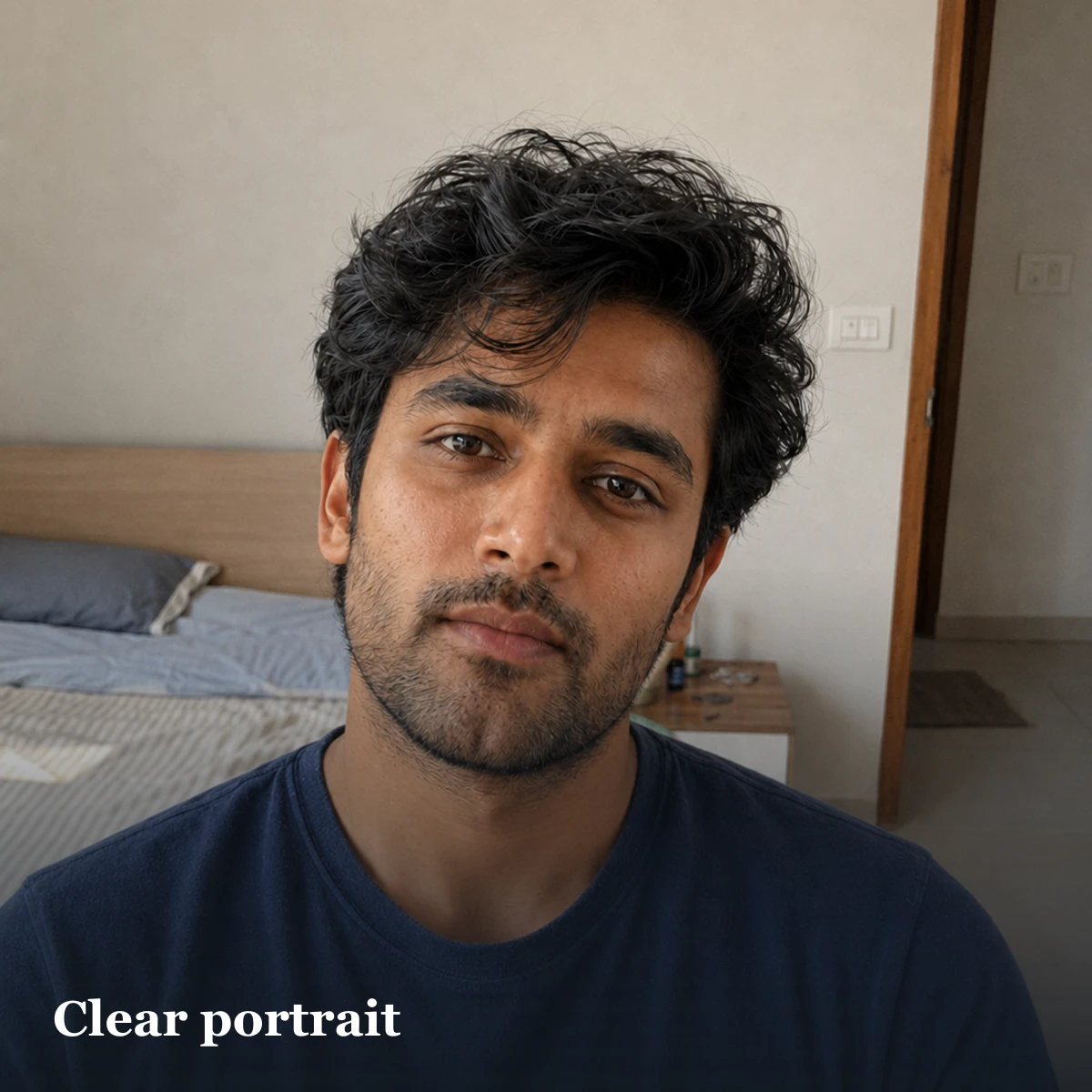 Clear solo portrait illustrating the opening photo in a friend-assisted dating-photo plan