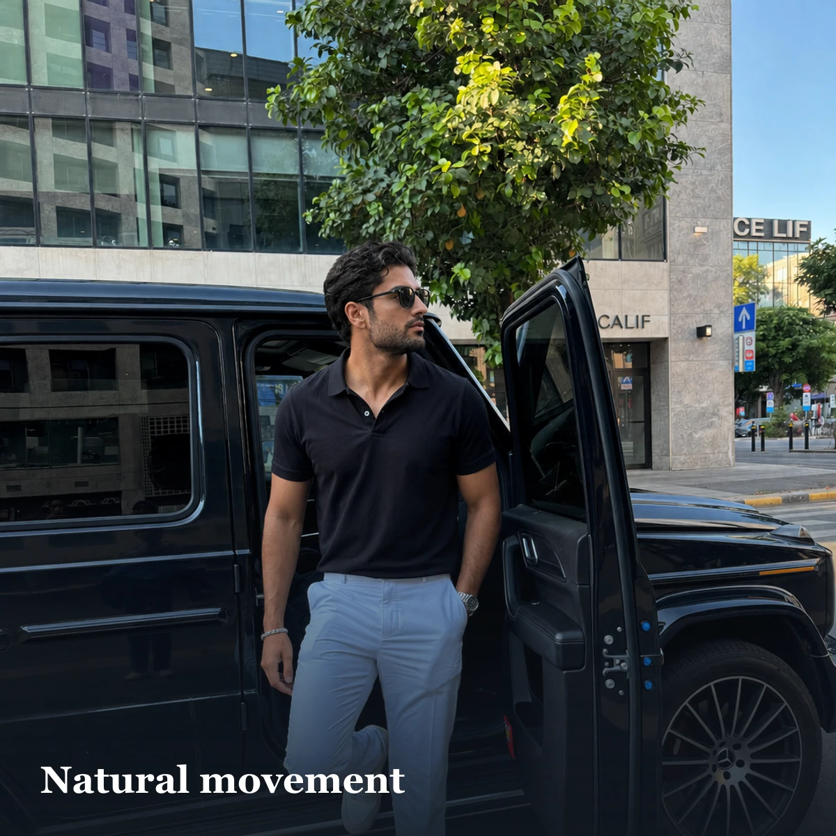Man stepping beside a car to illustrate a natural-movement dating-profile photo