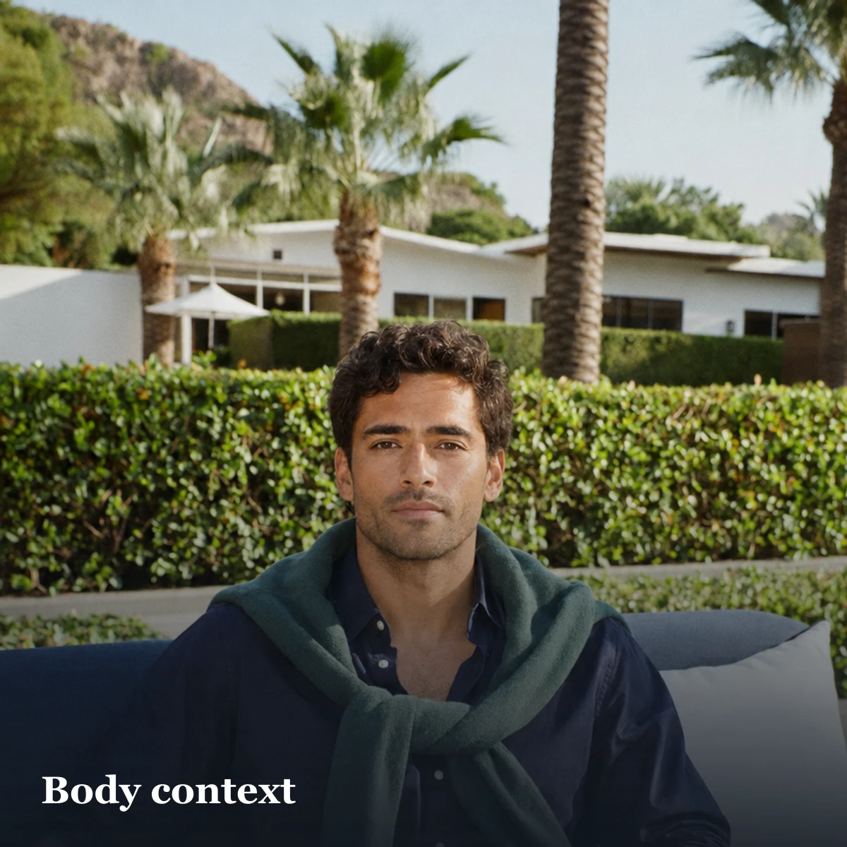 Seated portrait illustrating body context in a compact dating-photo plan