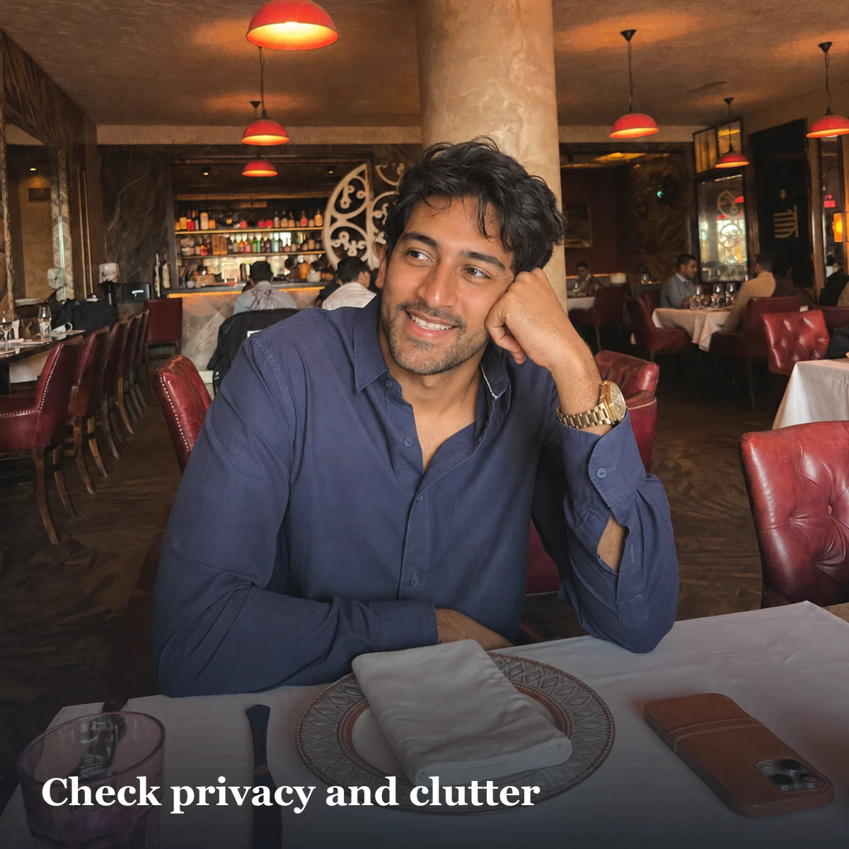 Restaurant portrait used to inspect background clutter and private identifying details