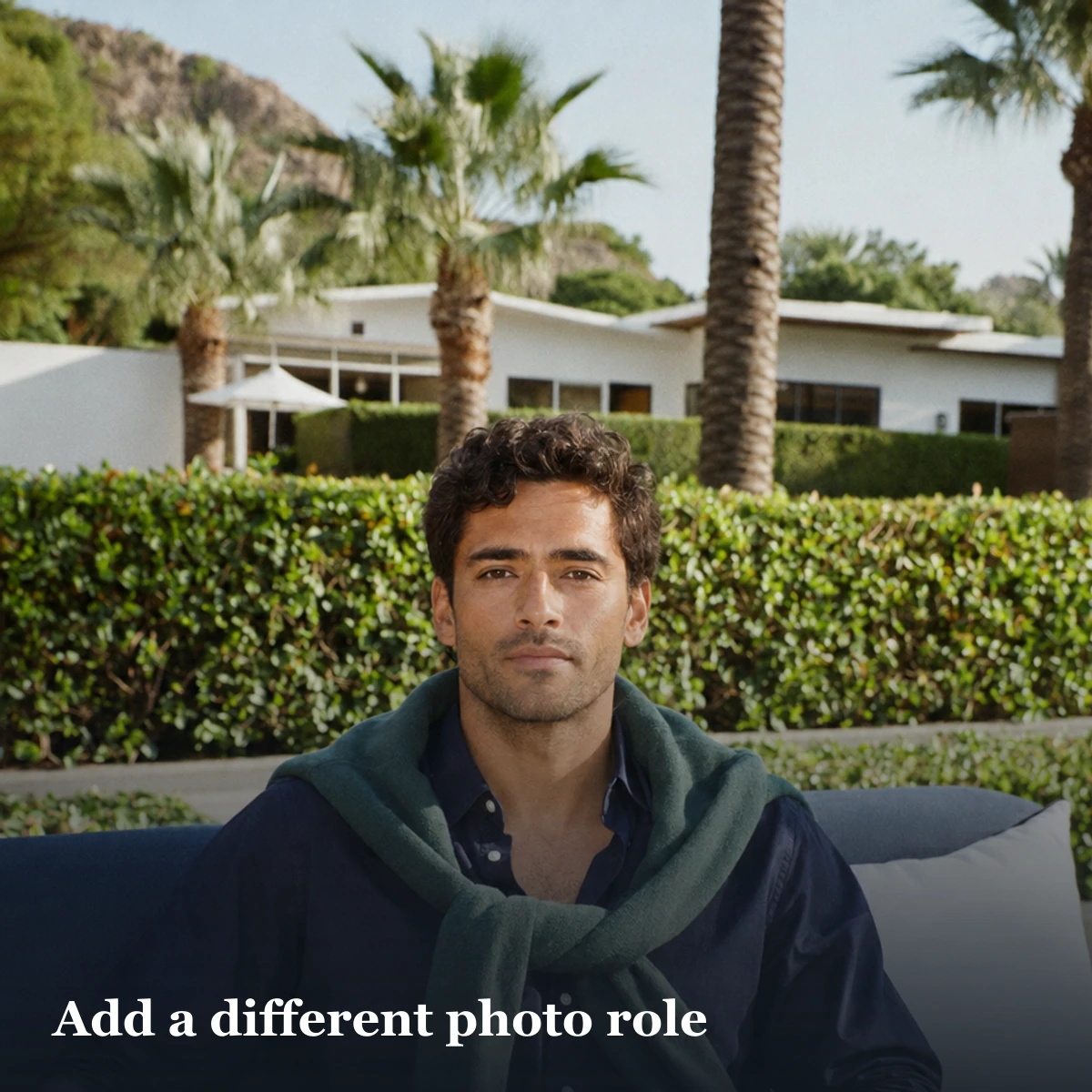 Seated full-body portrait illustrating a different role in a varied dating-photo set