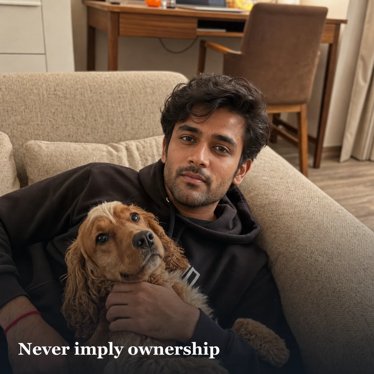 Relaxed sofa portrait with a dog illustrating why pet ownership must not be implied falsely