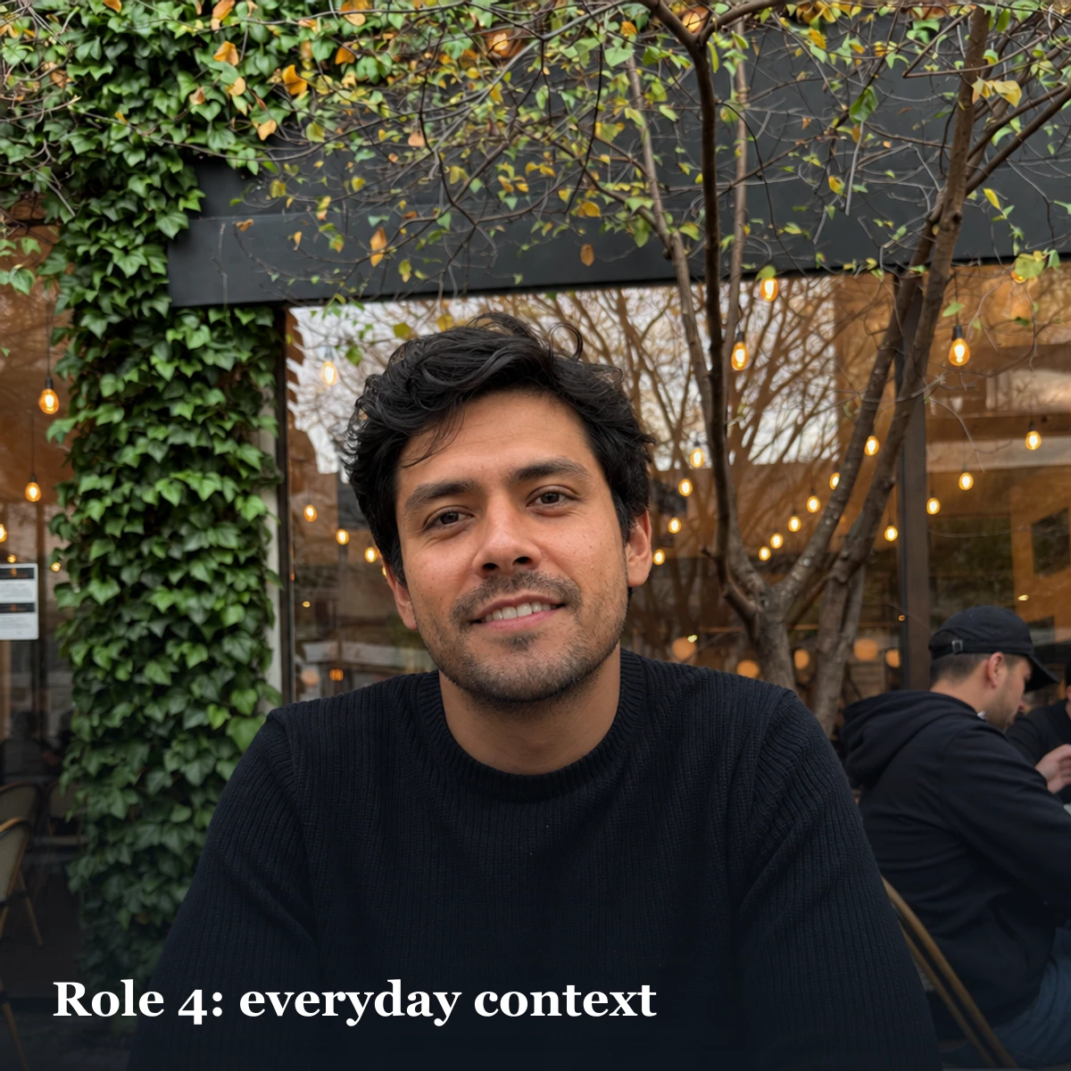 Cafe portrait representing ordinary lifestyle context in a varied dating-profile set