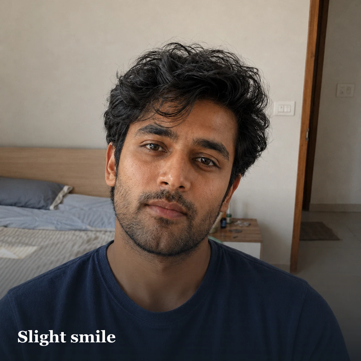 Portrait with a slight relaxed smile illustrating a dating-profile expression option