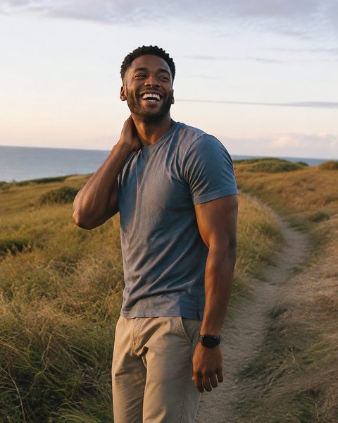 A broad natural-looking smile in an outdoor portrait